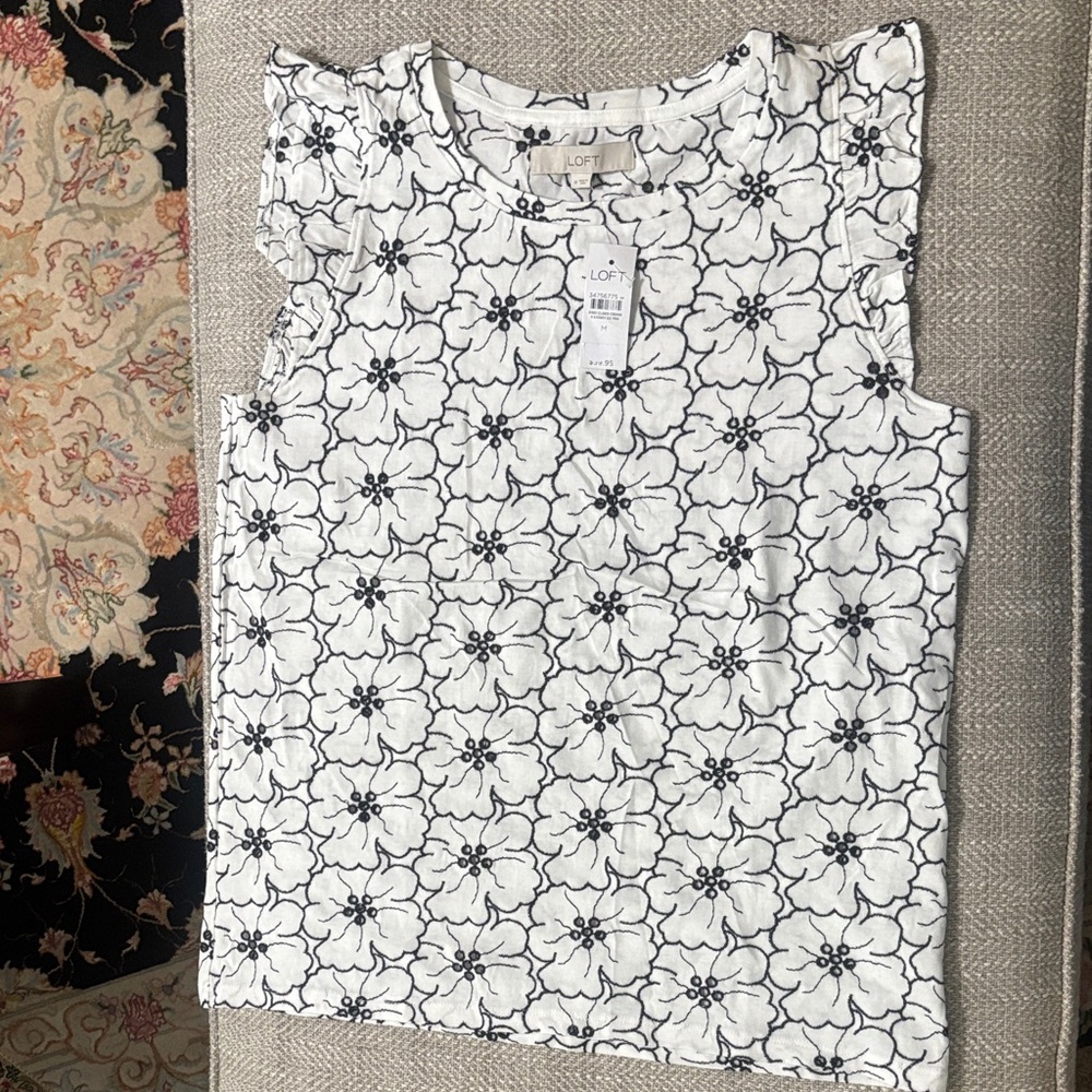 LOFT Black and White Floral Sleeveless Blouse